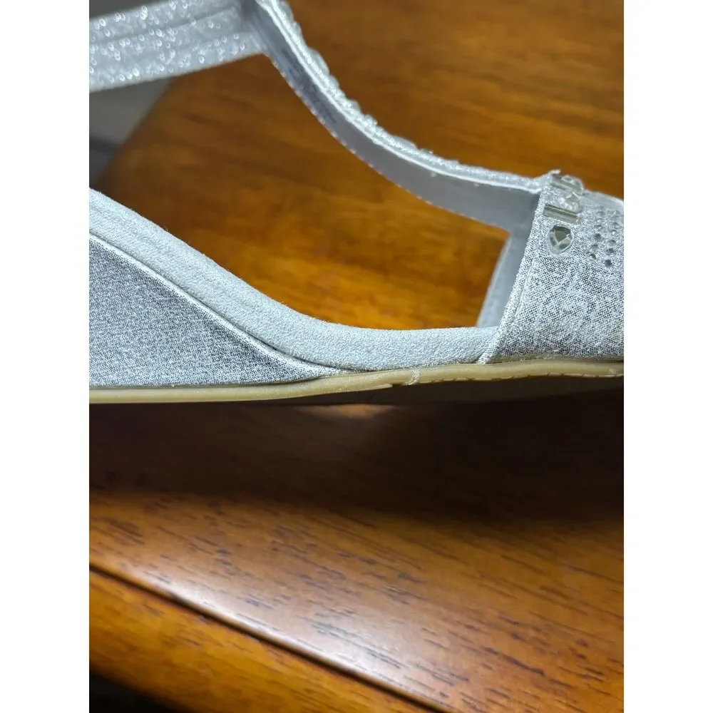 New York Transit Friend Ship Rhinestone T-Strap Wedge Sandals Silver Size 8.5
